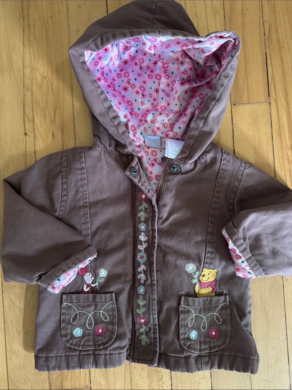 Winnie The Pooh Brown Hooded Toddler Jacket with Pink Floral Lining 18m